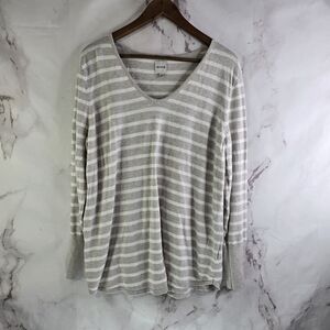 Nic + Zoe Top Womens XL Tan Black Beige Striped V Neck Long Sleeve Shirt Cotton